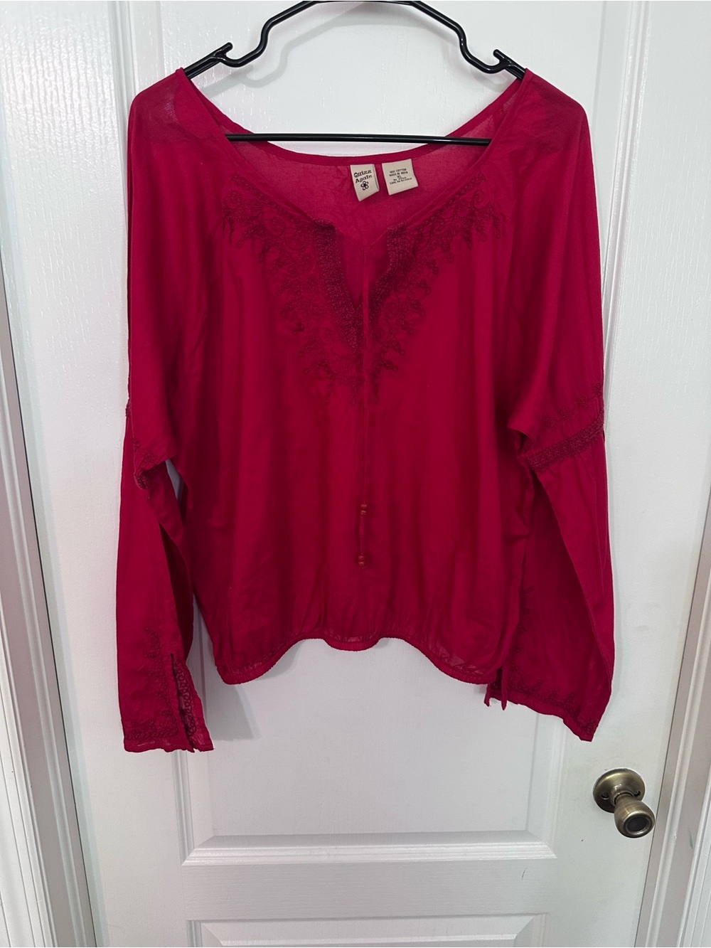 Quizz Again Red Embroidered Boho Peasant Blouse XL 100% Cotton